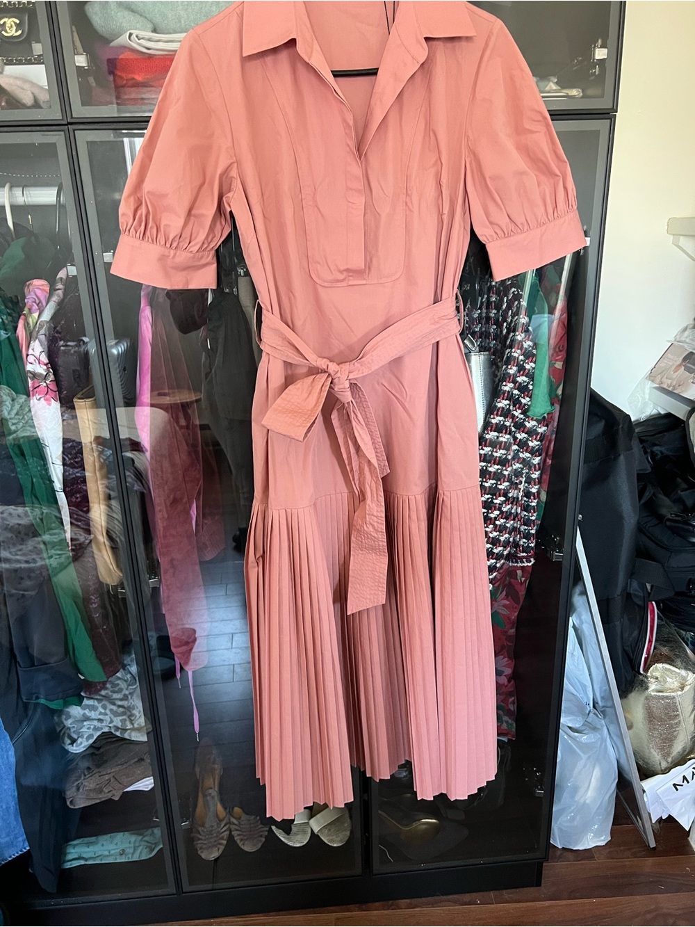 Tahari Rose-Pink Pleated Midi Shirt Dress with Waist Tie